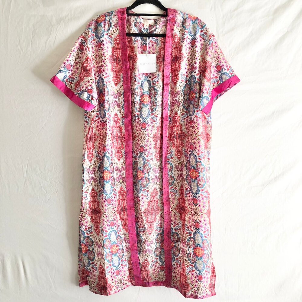 Boho Short Sleeve Satin Kimono Pink Multi